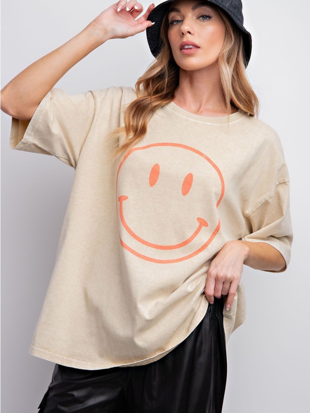Easel Beige Tee with Orange Smiley Graphic - Picture 2 of 5